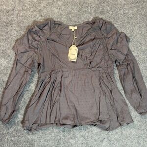 Entro Women's Blouse NWT Top Gray Swiss Dot Long Sleeve‎ Size M Crochet Trim